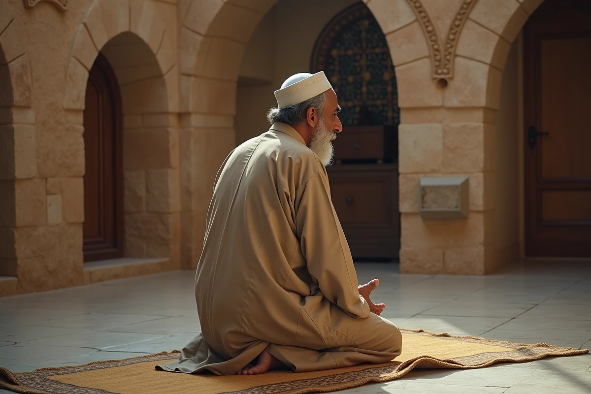 Homme âgé nord-africain en djellaba en position de prosternation dans une mosquée traditionnelle, illustrant la prière istikhara