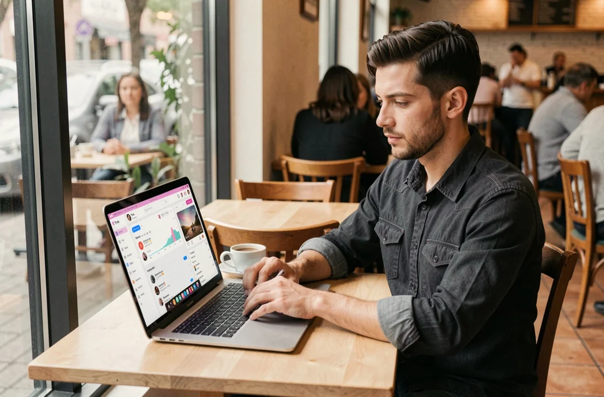 Homme analysant les statistiques TikTok sur un ordinateur portable dans un café pour déterminer la meilleure heure de publication le vendredi