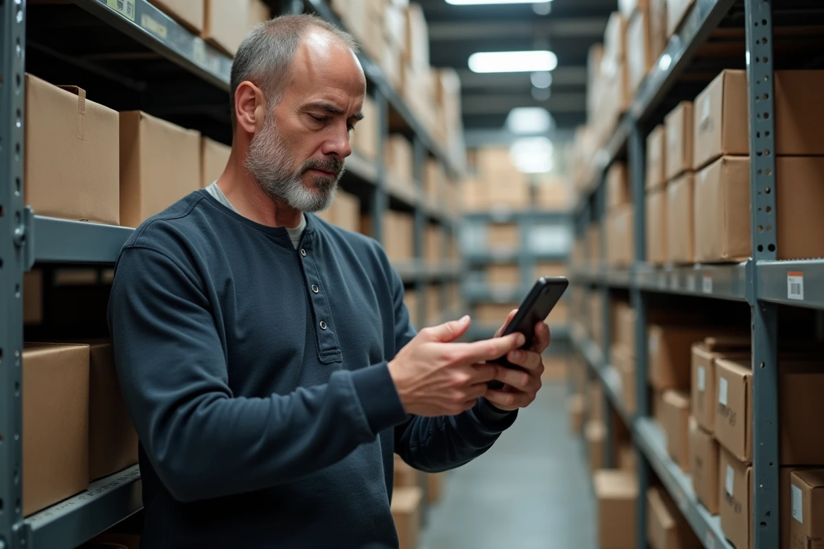 Homme dans un magasin de bricolage consultant un convertisseur de mesures pouces centimètres sur son téléphone