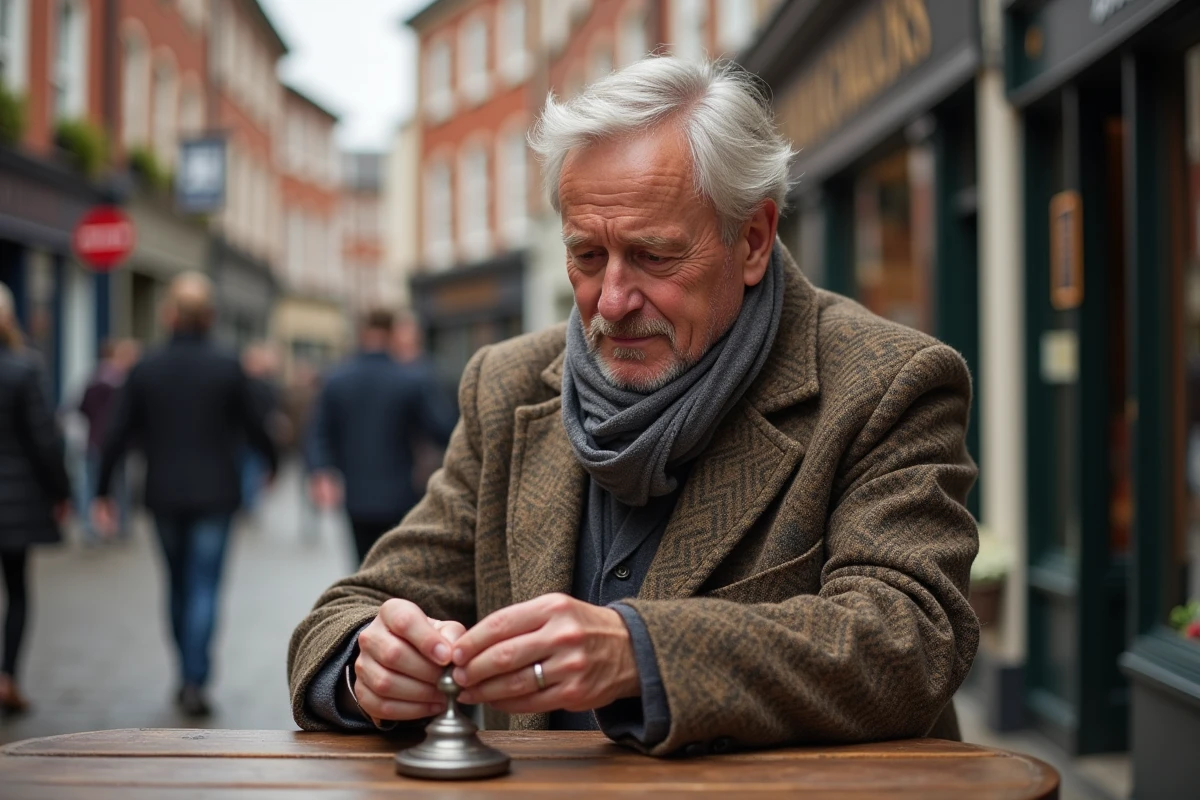 Homme britannique examine un briquet ancien en extérieur