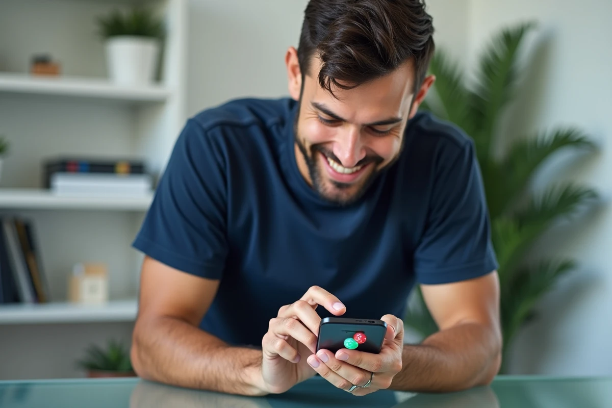 Homme souriant récupérant des lancers gratuits sur Monopoly Go depuis son smartphone au bureau