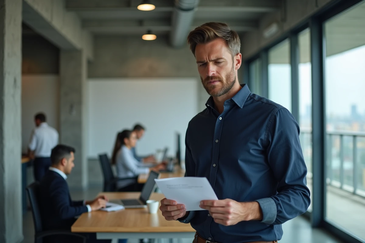 Homme dans un bureau moderne lisant une note manuscrite avec une expression interrogative, évoquant la réflexion sur les règles grammaticales à l'écrit