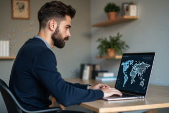 Homme au bureau utilisant un ordinateur avec carte du monde