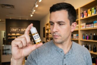Homme examinant attentivement un flacon d'e-liquide dans une boutique de vapotage moderne