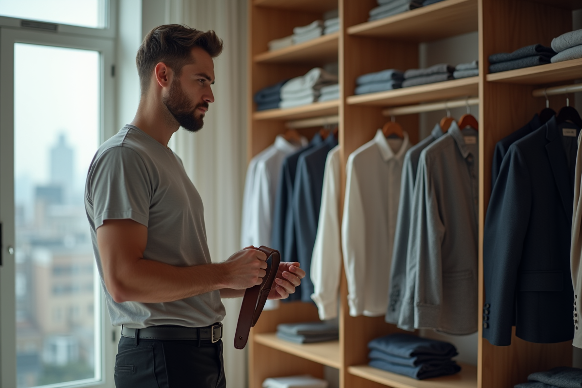 Jeune homme réfléchissant à ses vêtements dans son appartement