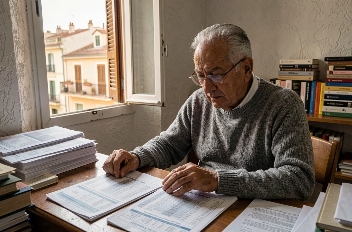 Homme âgé comparant différents horaires de prière imprimés sur un bureau dans un appartement marseillais