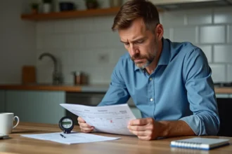 Homme d'âge moyen compare un manomètre et un tableau en français