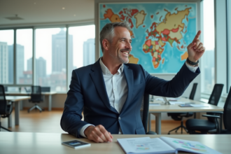 Homme confiant en costume pointant vers une carte de l'Europe