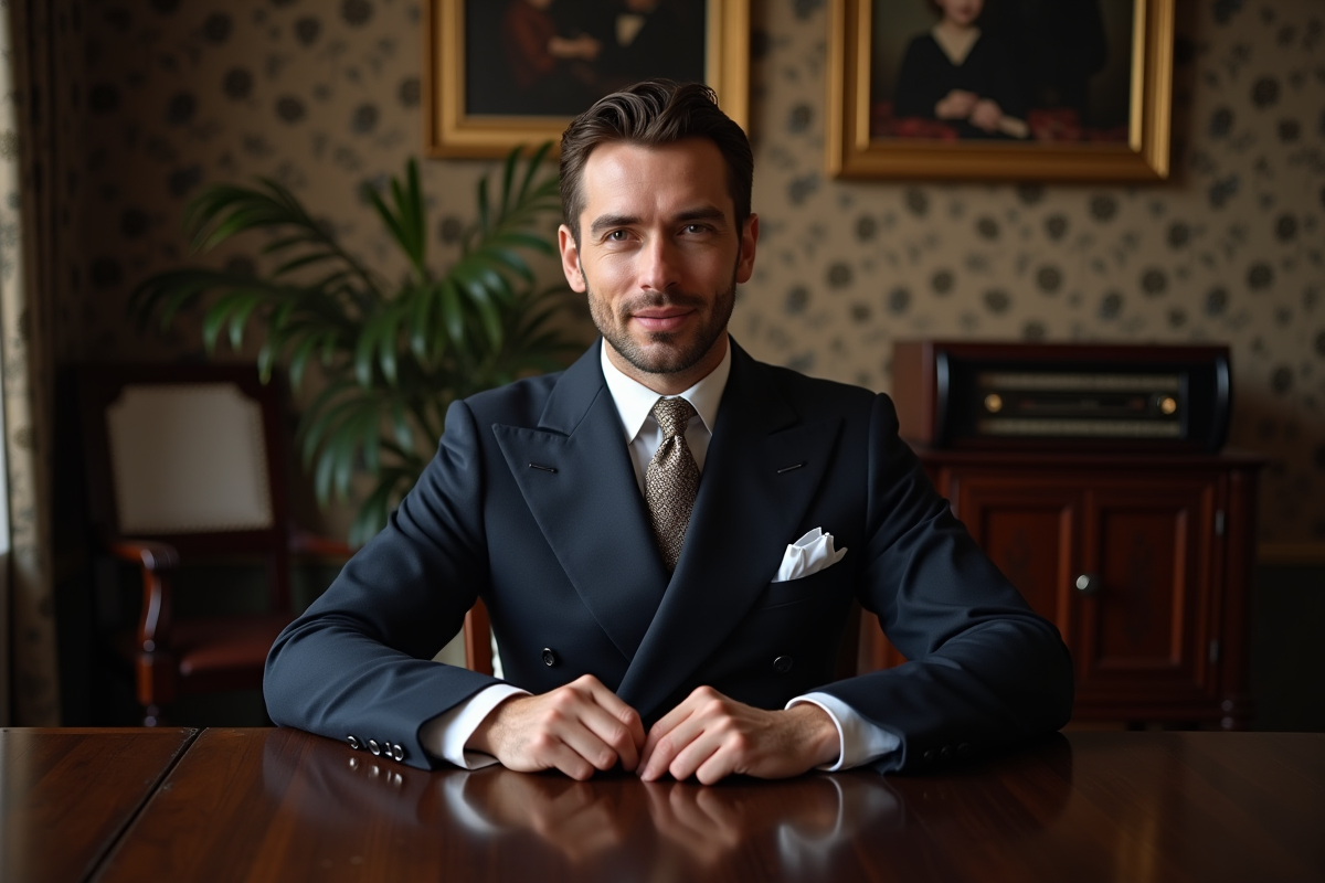 Homme en costume des années 40 assis à table vintage