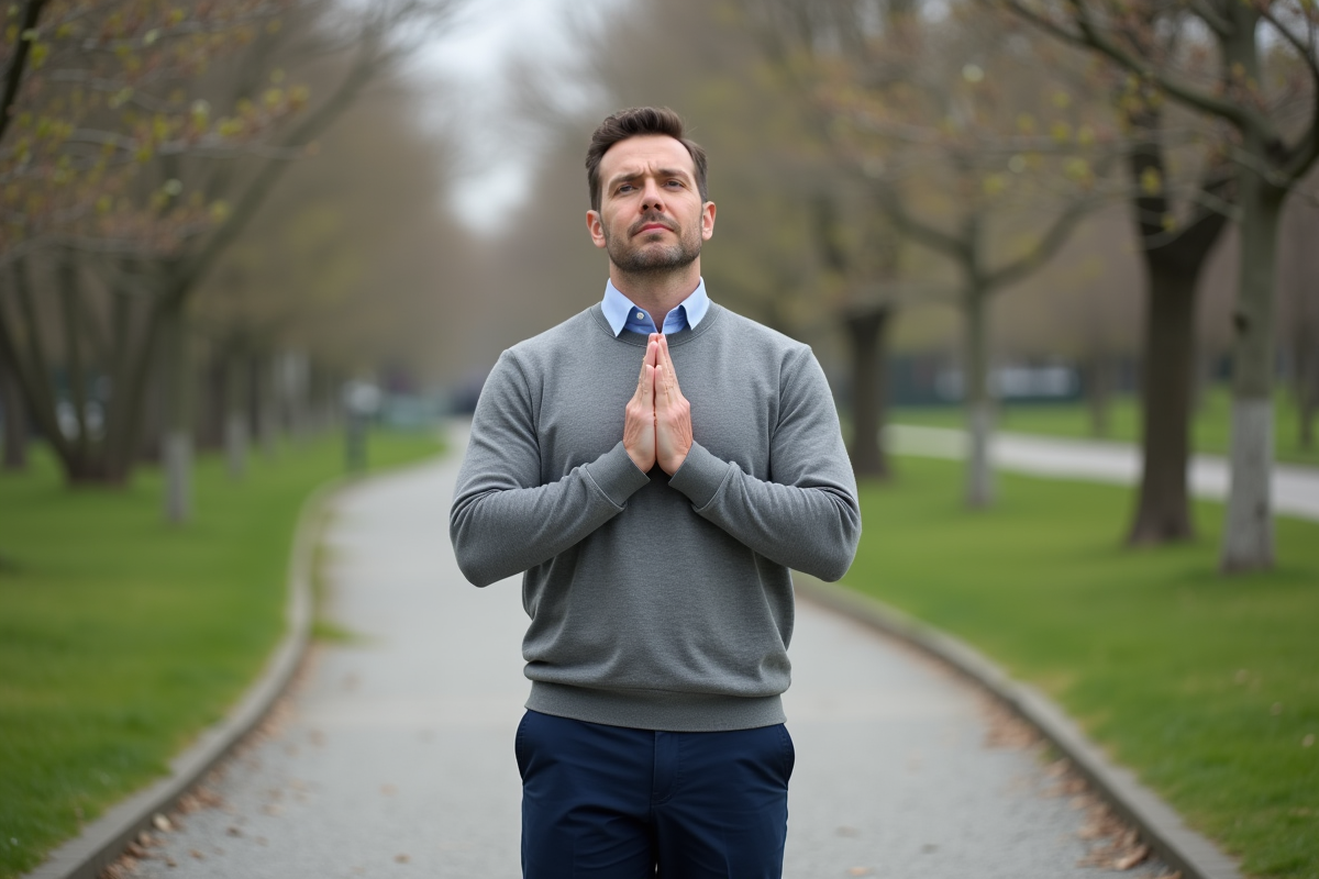 Homme pratiquant la respiration dans un parc urbain