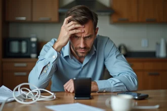 Homme d'âge moyen frustré avec smartphone dans la cuisine
