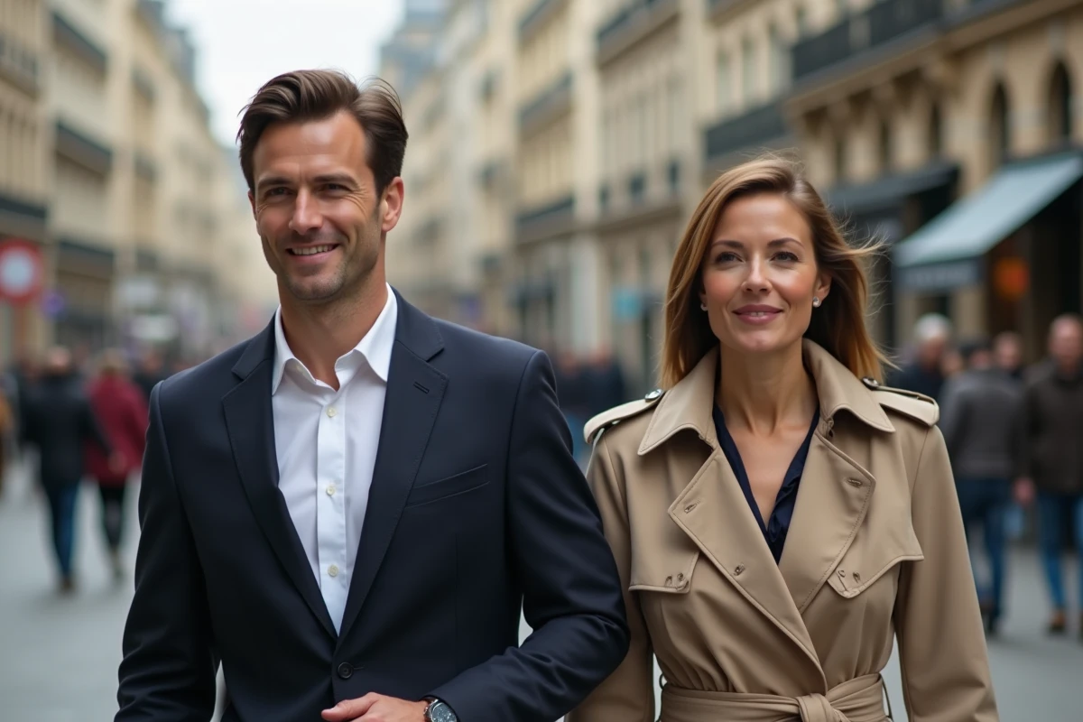 Homme et femme marchant dans une rue parisienne élégante