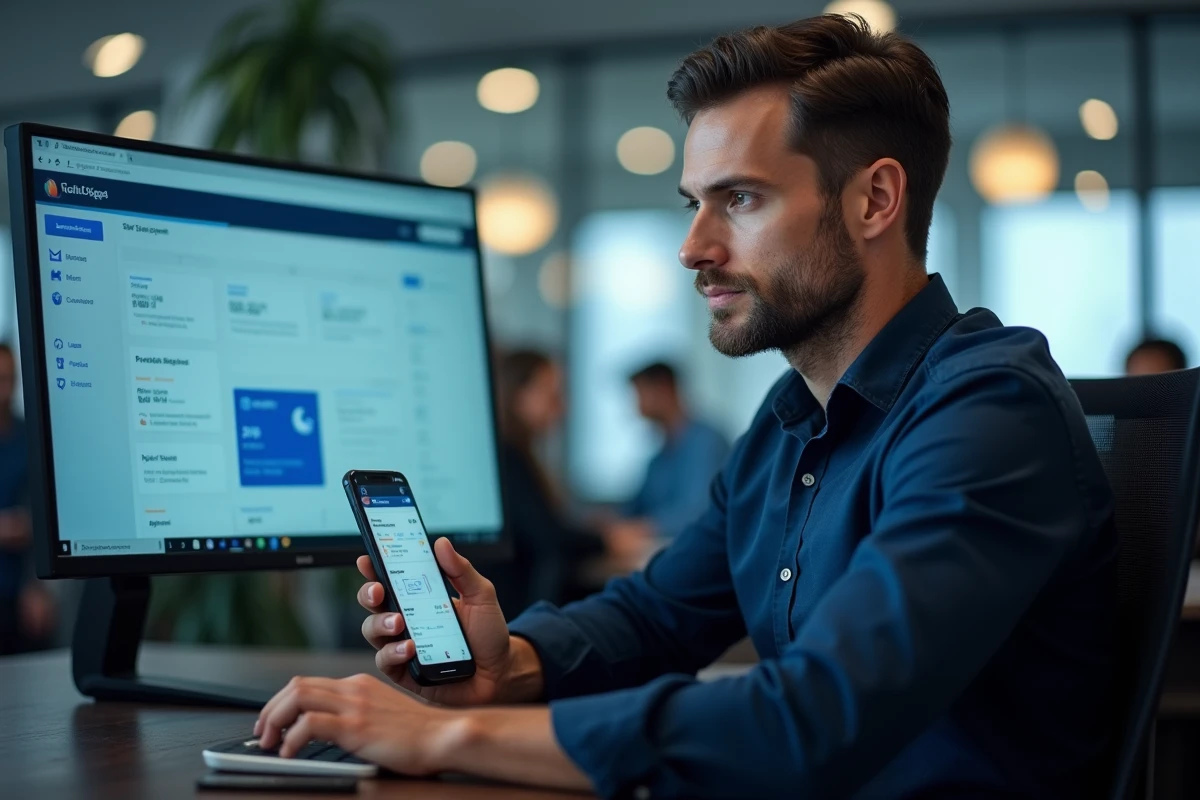 Homme gérant ses abonnements en ligne sur ordinateur et smartphone dans un bureau moderne