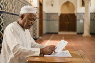 Homme consultant les horaires de prière dans une mosquée de Marseille avec un planning imprimé sur une table en bois