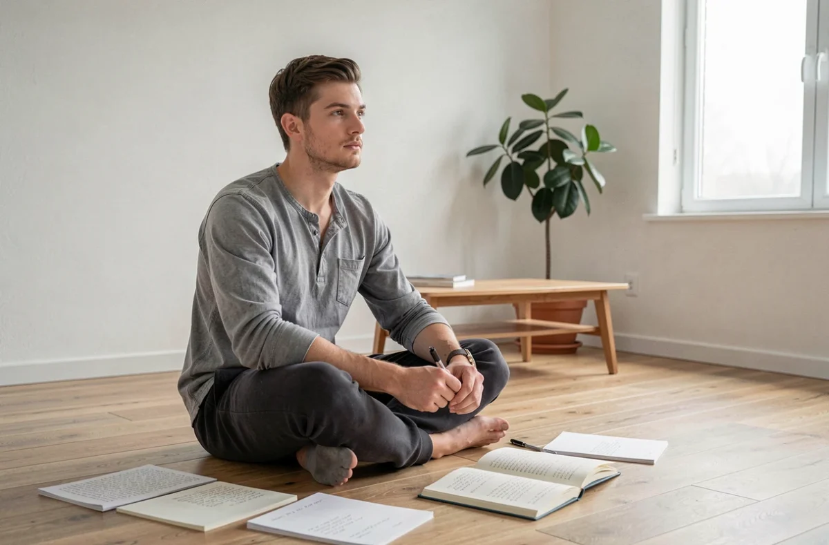 Homme en introspection entouré de journaling et de notes spirituelles, explorant la signification du 22h22 et des flammes jumelles