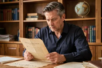 Homme lisant un courrier généré sur napoleonseries.com dans un bureau historique