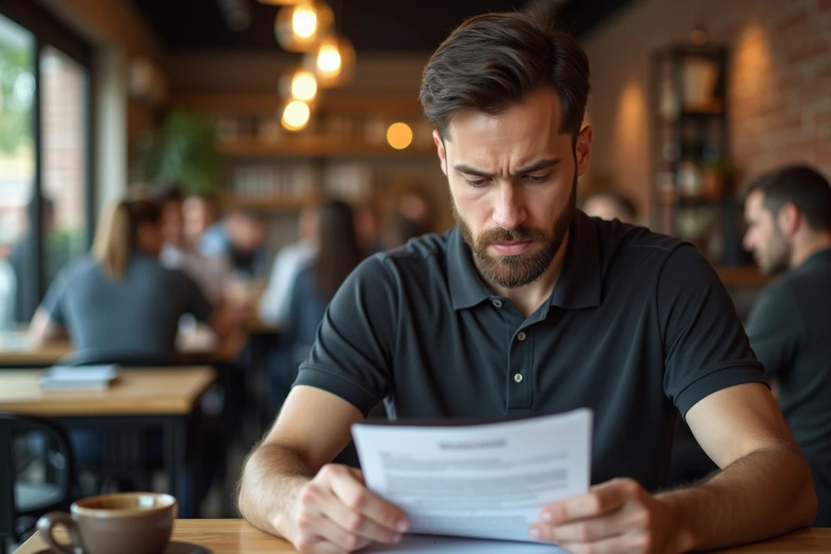 Homme lisant un document RH officiel sur une tablette dans un café pour comprendre sa classification professionnelle