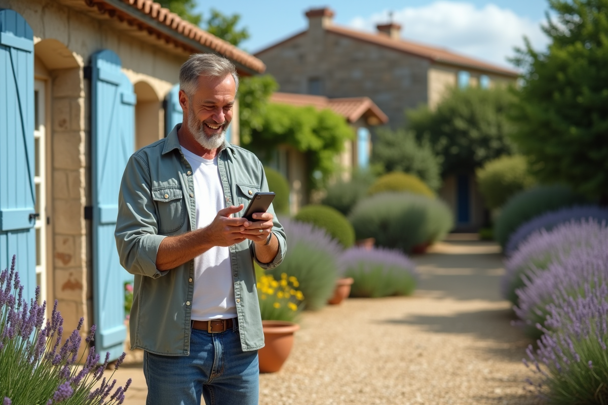 Homme avec smartphone devant une maison en pierre en campagne