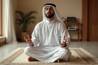 Homme musulman en tenue blanche faisant une douaa istikhara sur un tapis de prière dans un intérieur calme et paisible