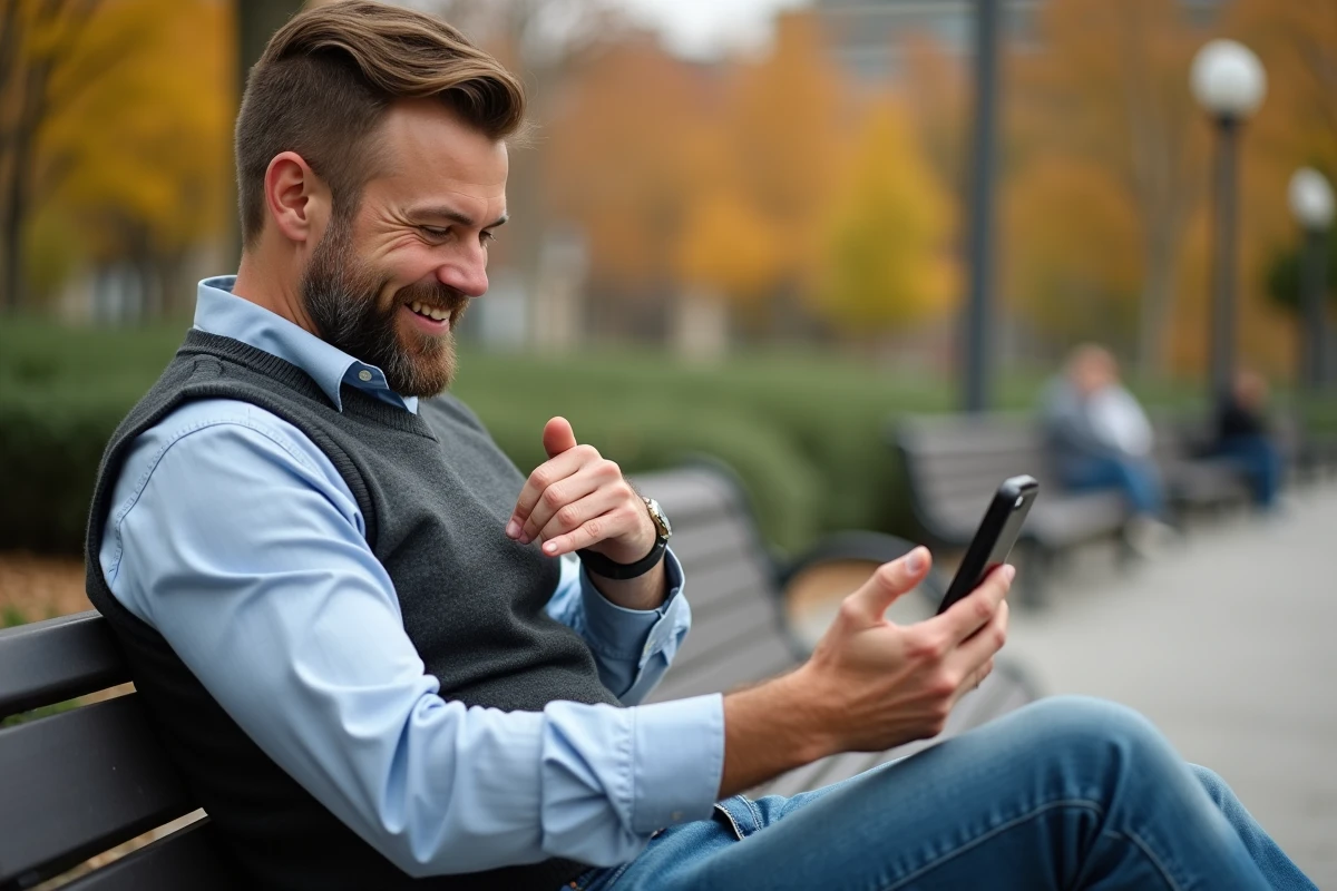 Homme souriant vérifiant stratégie Monopoly GO en plein air