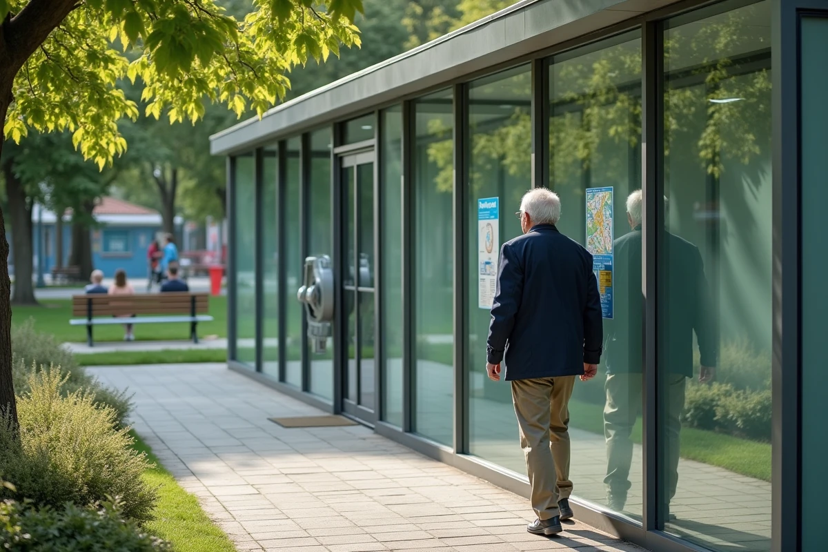 Homme âgé sortant d’un toilettes dans un parc urbain