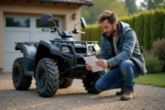Homme en extérieur vérifiant un manuel de quad