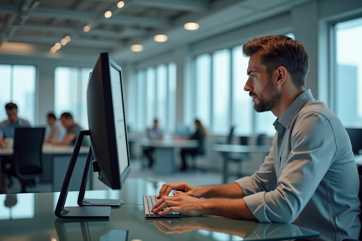 Homme d'affaires concentré relisant un email professionnel adressé à un notaire dans un bureau en open space
