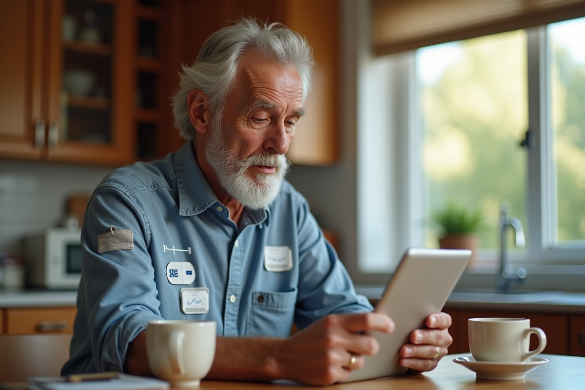 Homme âgé analysant ses données de santé sur une tablette