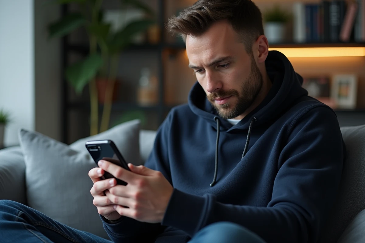 Homme utilisant un smartphone Android pour envoyer un message anonyme dans un salon moderne