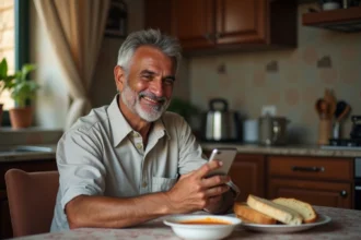 Homme d'Afrique du Nord souriant avec smartphone dans une cuisine