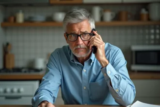 Homme d'âge moyen au téléphone dans la cuisine