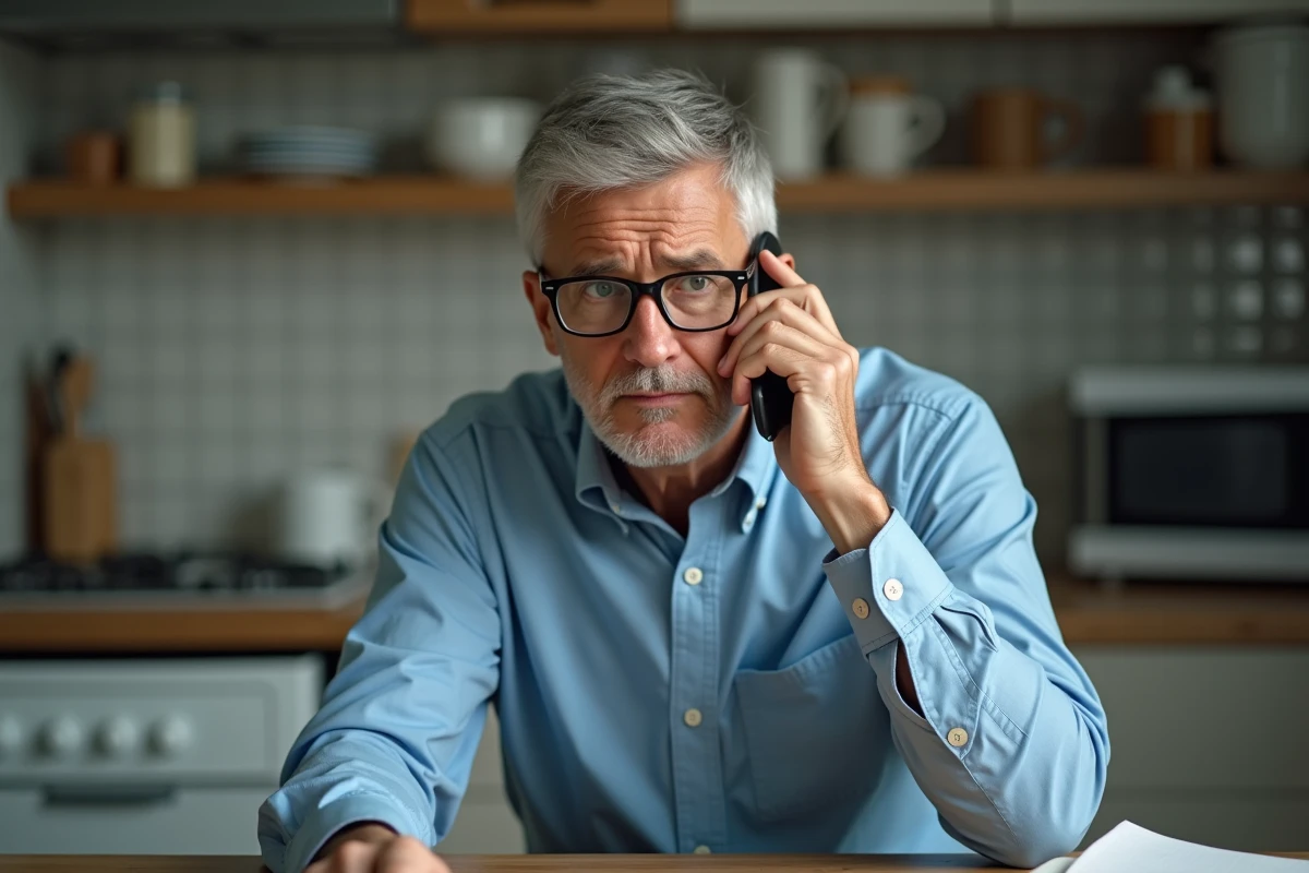 Homme d'âge moyen au téléphone dans la cuisine