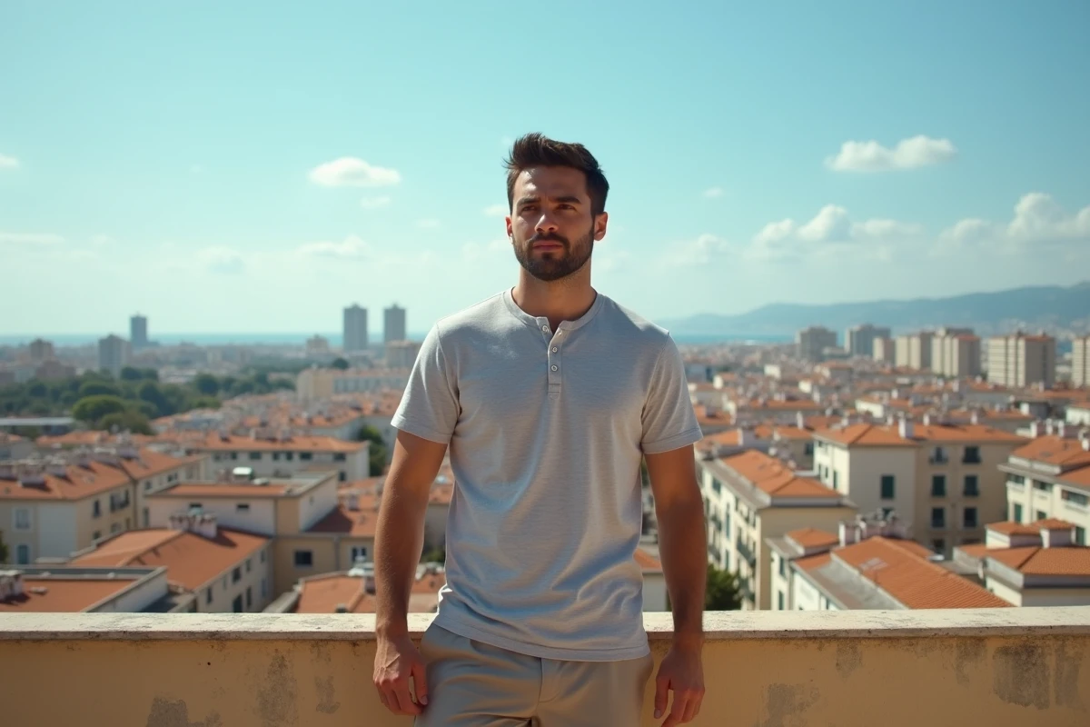 Homme contemplant le panorama des quartiers nord de Marseille depuis une terrasse d'immeuble, vue sur les toits et la mer