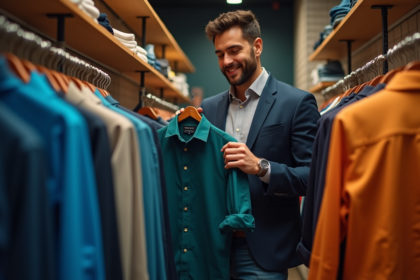 Homme en blazer regardant des chemises colorées en boutique