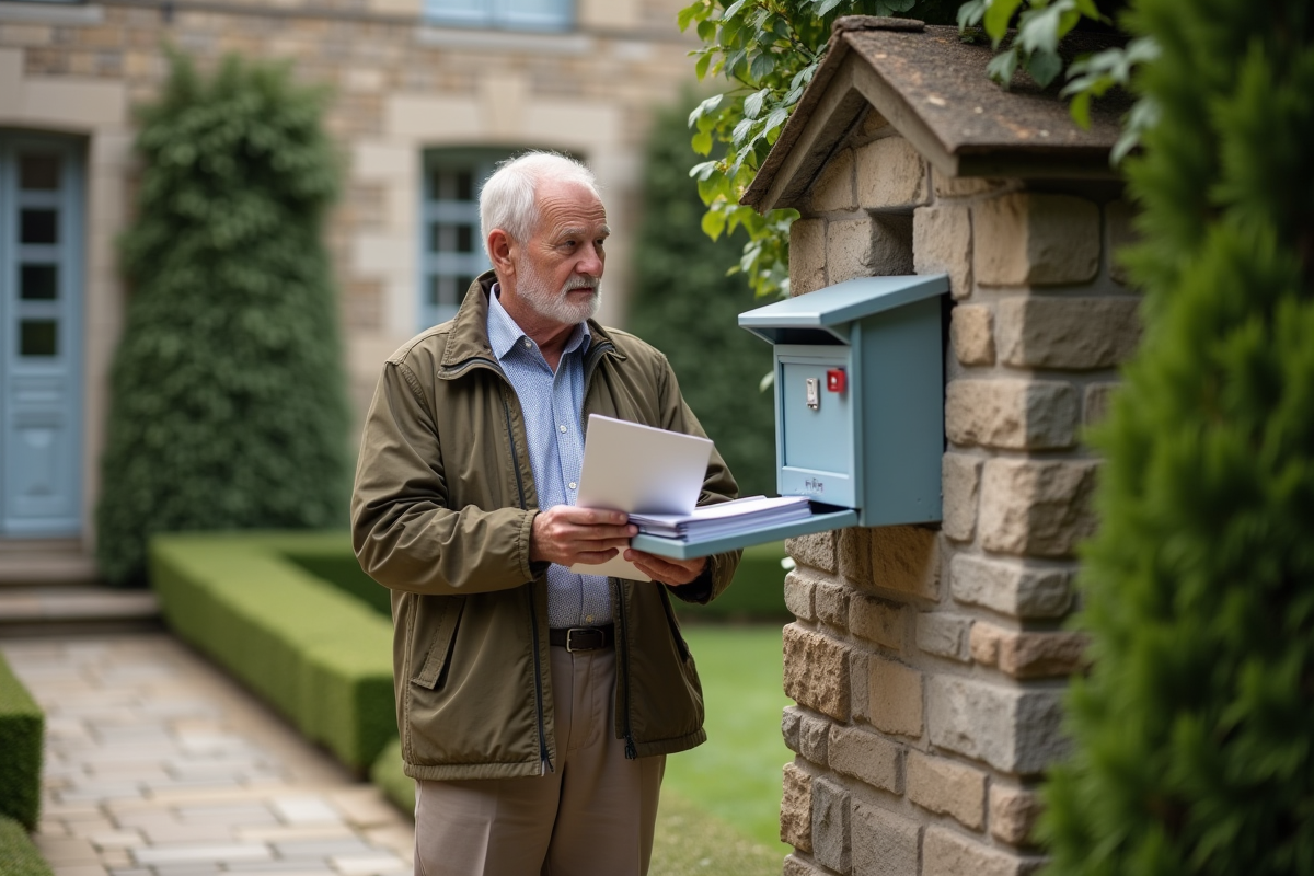 Homme âgé vérifiant sa boîte aux lettres devant sa maison