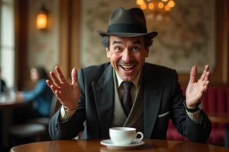 Homme d'âge moyen en costume vintage dans un café parisien