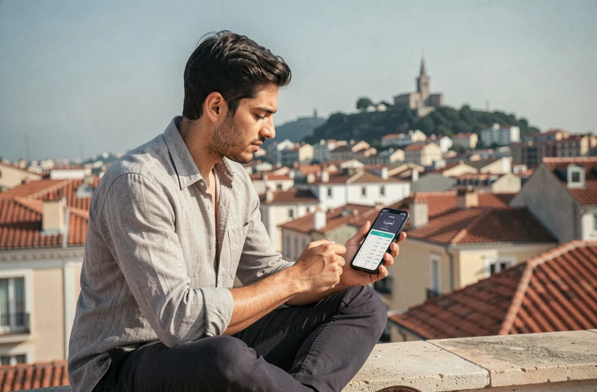 Jeune homme consultant les horaires de prière sur son téléphone depuis une terrasse à Marseille