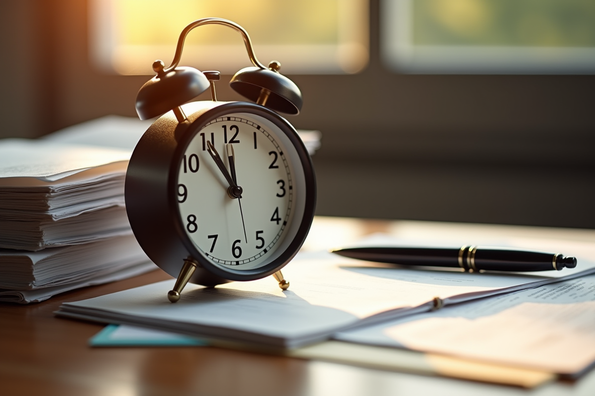 Horloge murale avec documents et stylo sur un bureau en bois