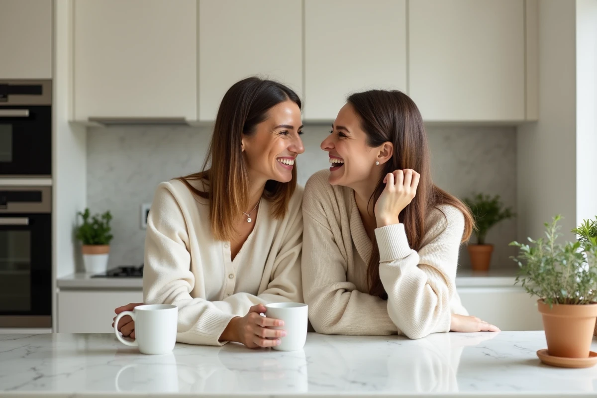Deux femmes riant ensemble dans une cuisine moderne, illustrant l'humour et la dérision comme protection contre les tactiques manipulatrices