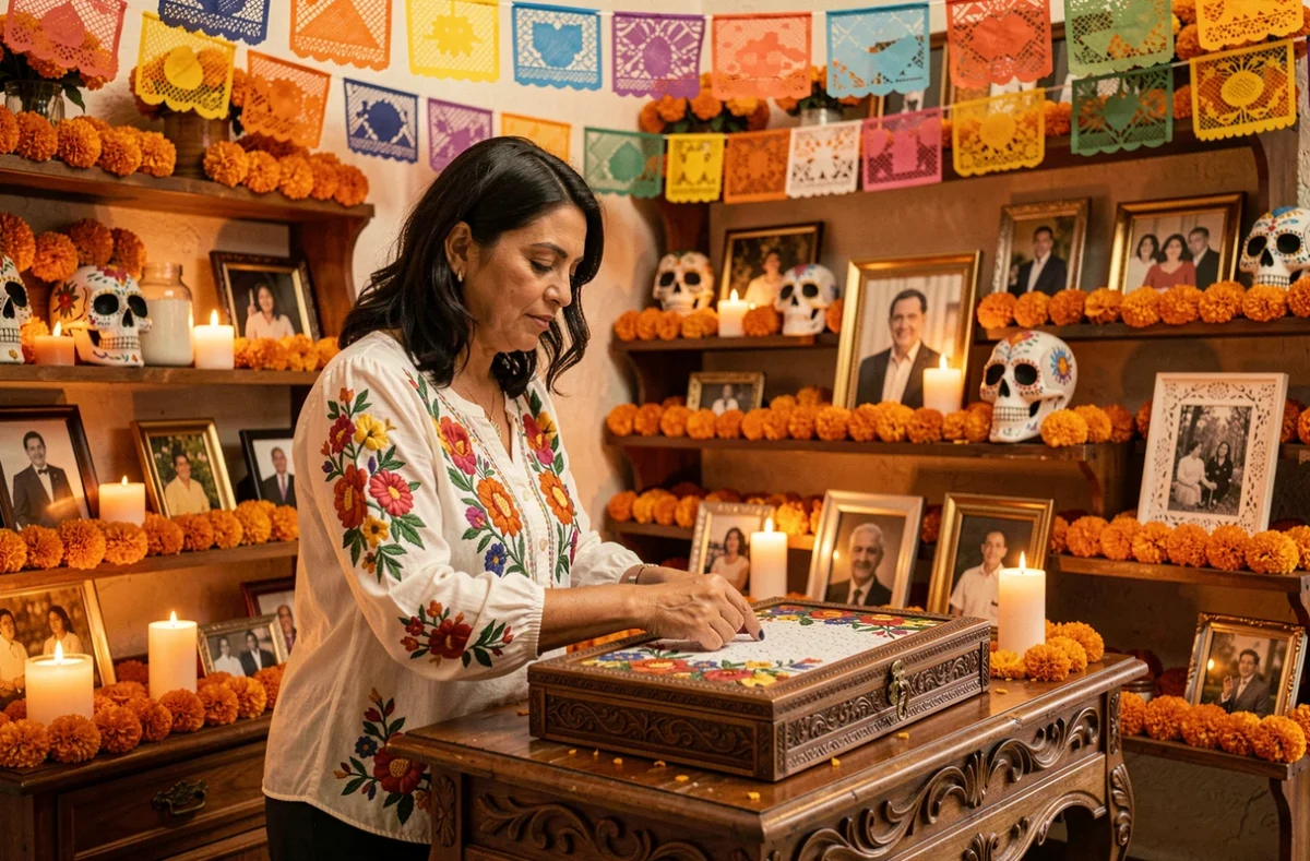 Salle d'escape game thème Ofrenda avec autels mexicains, fleurs de soucis et crânes colorés à Lyon