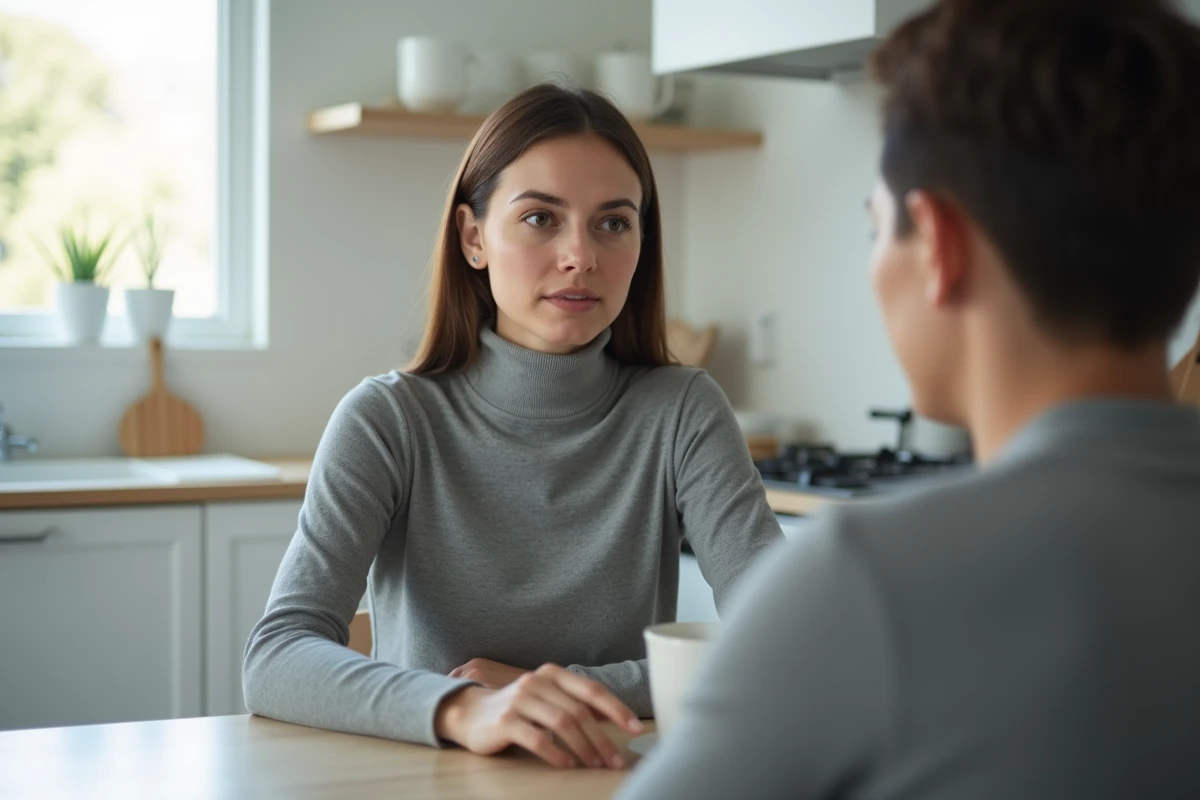 Femme assise à une table de cuisine avec une expression neutre et détachée, illustrant l'indifférence émotionnelle calibrée face à un manipulateur