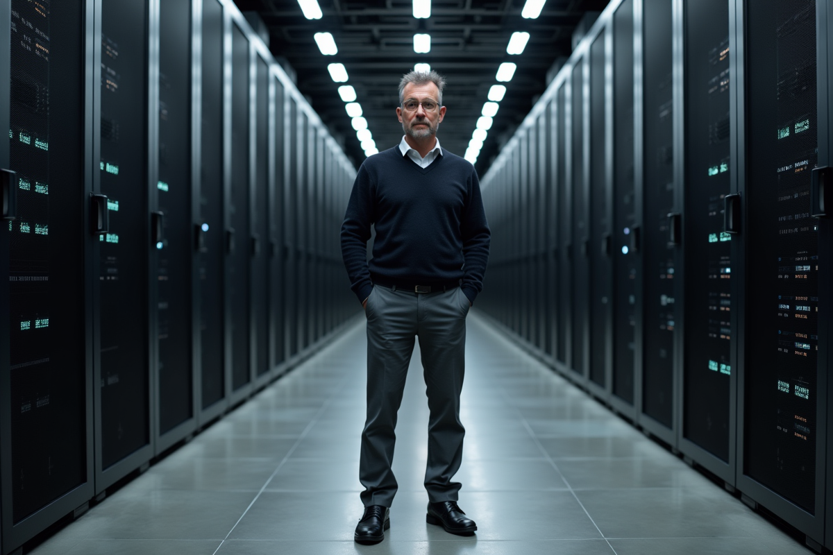 Ingénieur informatique devant un superordinateur en salle sécurisée