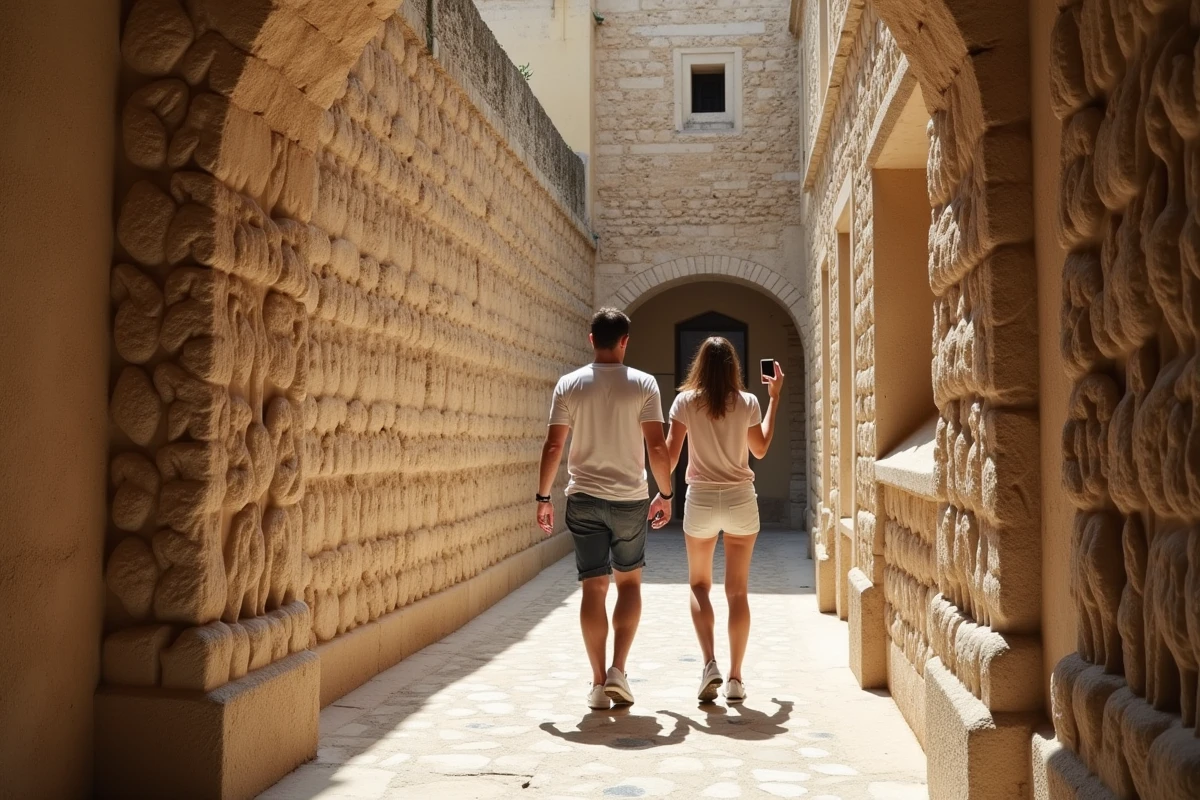 Couple explorant les galeries sculptées à l'intérieur du Palais Idéal du Facteur Cheval