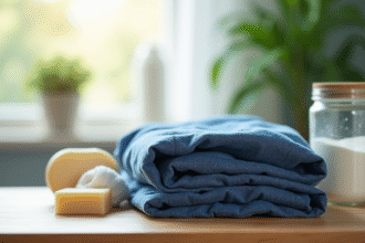 Jeans bleus pliés avec produits écologiques et plante verte