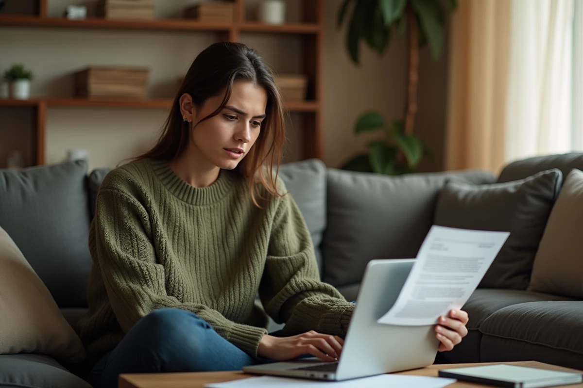 Jeune adulte rédigeant une réponse par email à un notaire depuis son salon en consultant un courrier imprimé