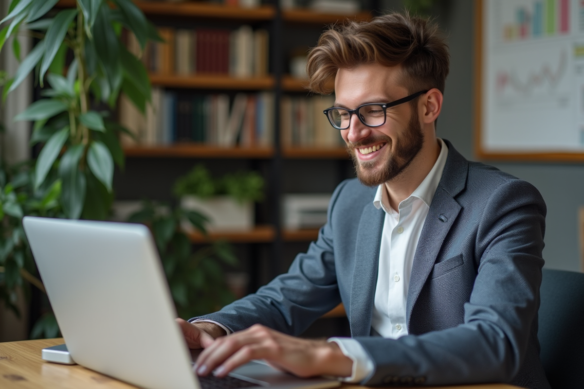Jeune entrepreneur fintech travaillant à son ordinateur