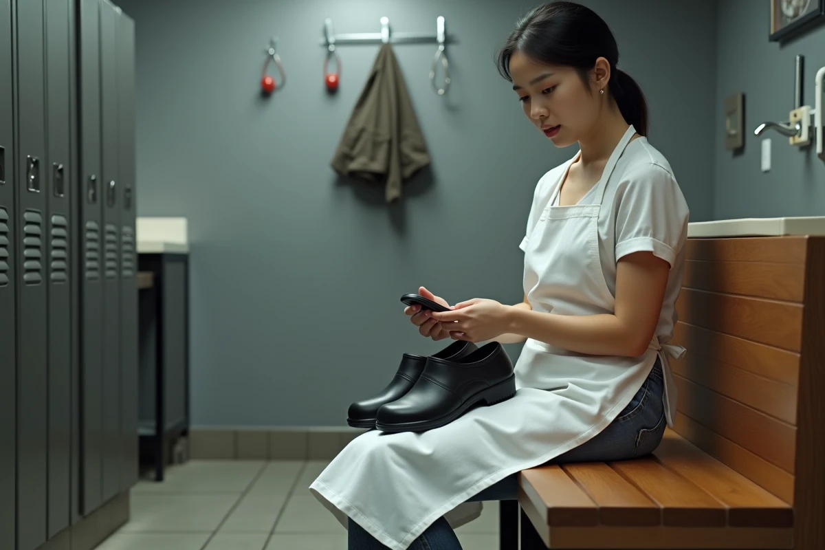 Jeune femme vérifiant ses chaussures de sécurité en vestiaire
