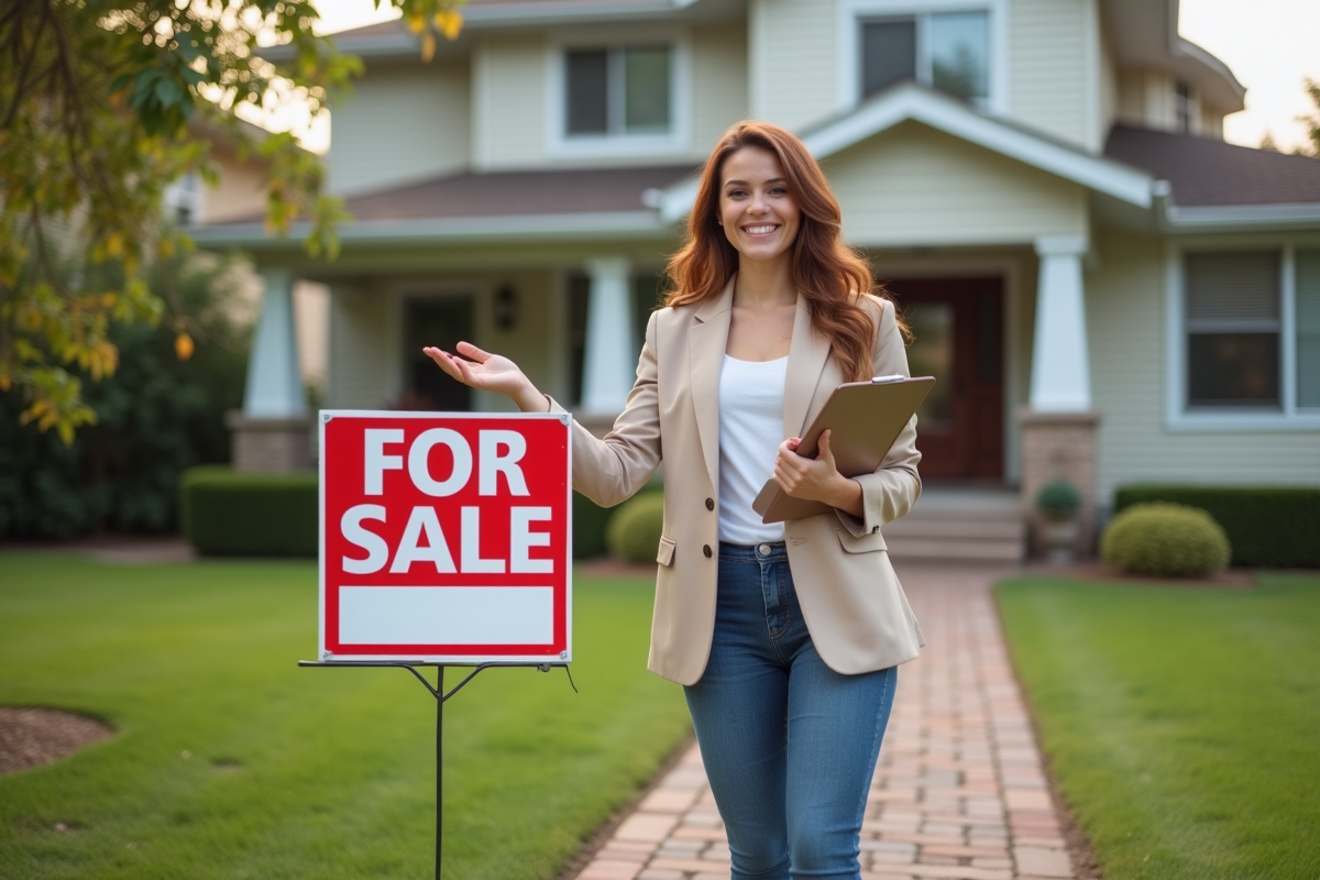 Jeune femme souriante avec panneau vente devant maison
