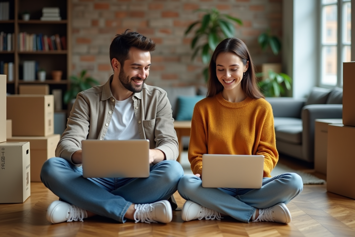 Jeune homme et femme organisent des cartons dans un salon urbain