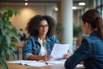 Jeune femme avec documents de pret immobilier en banque